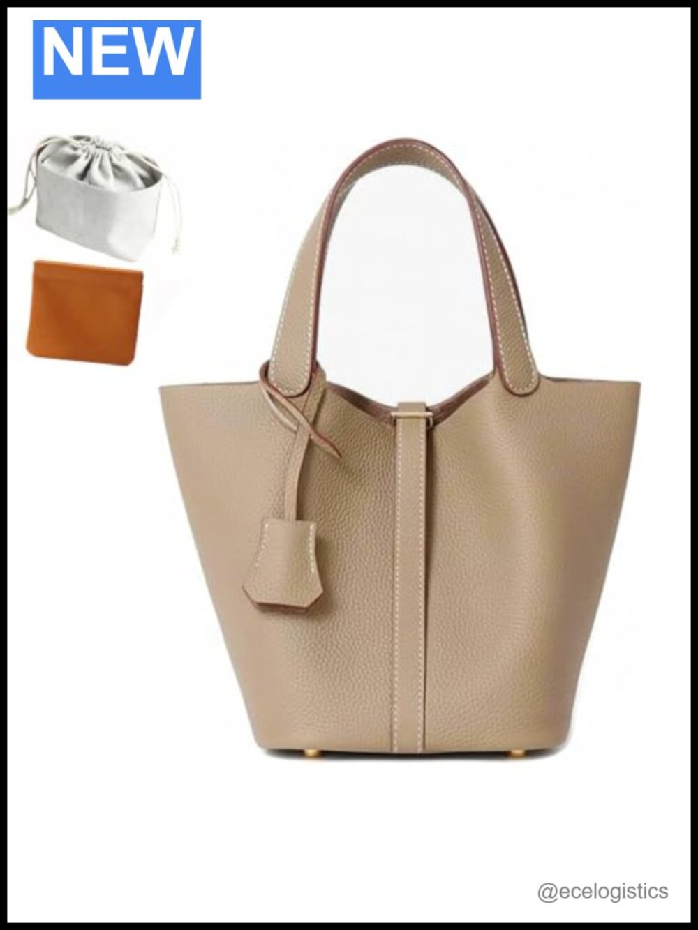 Genuine Leather Lock Design Bucket Bag for Women Vegetable Basket Vintage